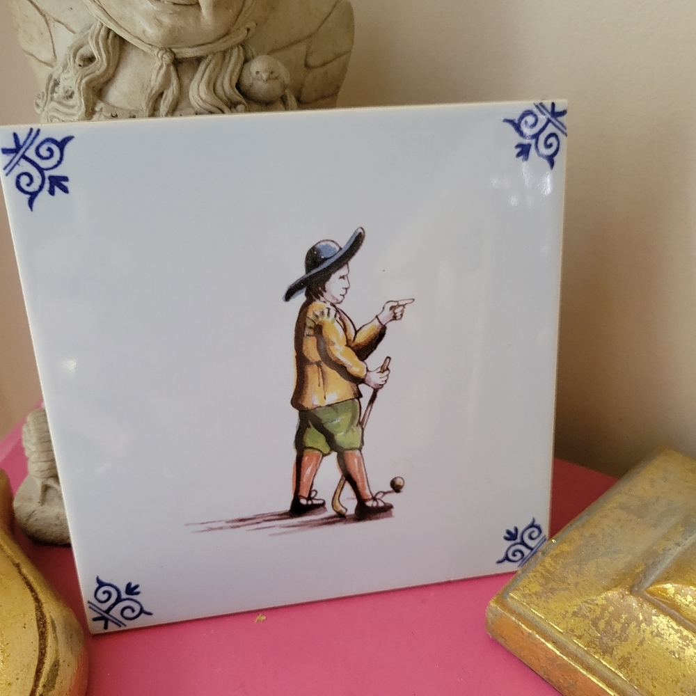 Decorative Tile Made in Holland ~ Vintage Golfer ~ VGUC ~ est 5x5 ~ FINAL PRICE!